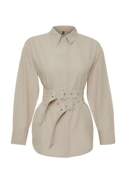 Siyah Kemer Detayl? Oversize Genis Kal?p Dokuma Gomlek TWOAW25GO00025