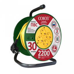 Удлинитель на катушке электрический "Союз" 30 метров, 4 розетки, с заземлением (Россия)
