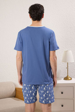 Trendyolmilla Man Mavi Slim Fit Bask?l? Orme Sortlu Pijama Tak?m? TMNSS25PT00031  фото 4