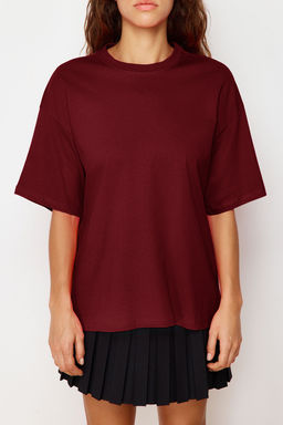 Bordo %100 Kal?n Pamuklu Premium Oversize/Genis Kal?p Bisiklet Yaka Orme T-Shirt TWOSS23TS00040