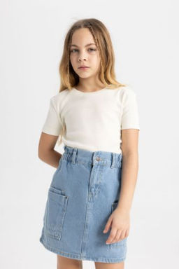 K?z Cocuk Slim Fit Dar Kesim Bisiklet Yaka Ribana Basic Duz K?sa Kollu Tisort