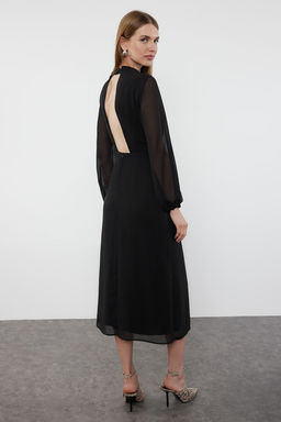 Siyah A Kesim S?rt Detayl? Astarl? Midi Sifon Dokuma K?sl?k Elbise TWOAW25EL00172 - Trendyolmilla фото 2