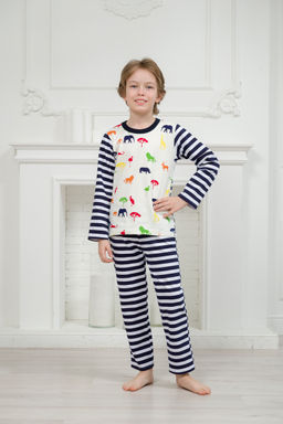Пижама детская из джемпера и брюк без манжет из интерлока Сафари темно-синий полоса - Амадэль фото 10
