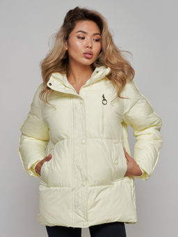 Зимняя женская куртка модная с капюшоном светло-желтого цвета 52308SJ