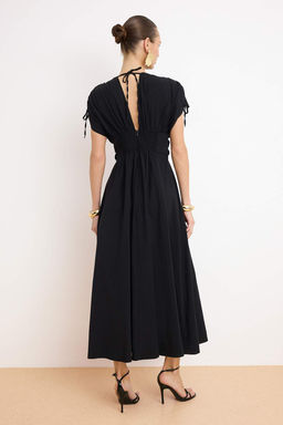 Siyah 3 Boyutlu Cicek Detayl? Poplin S?k Abiye Gece Mezuniyet Elbisesi TPRSS24EL00282