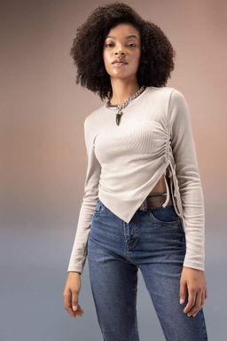 Асимметричная футболка с длинным рукавом и круглым вырезом в рубчик - Defacto фото 3