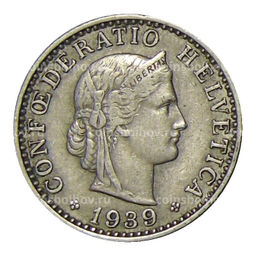 Монета 20 раппенов 1939 года Швейцария