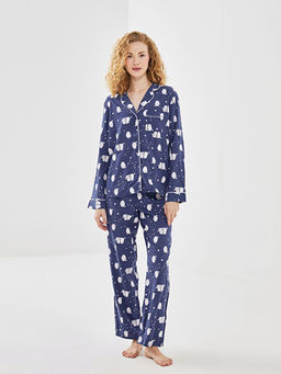 G?mlek Yaka Bask?l? Kad?n Pijama Tak?m?