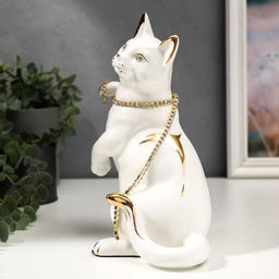 Фигура керамика «Белая кошечка с пояском», с золотом, стразы, 22.5 см