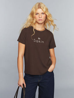 Bisiklet Yaka Slogan Bask?l? Kad?n Ti??rt