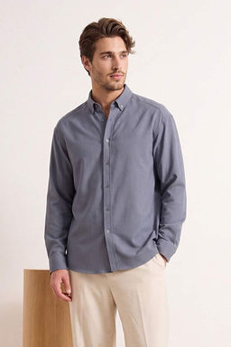 Gri Keten Dokulu Uzun Kollu Yar_ Oversize Erkek G_mlek TMNSS26GO00036