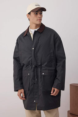 Siyah Unisex Fitted Uzun Kadife Yaka Mevsimlik __k Erkek Mont TMNAW26MO00009