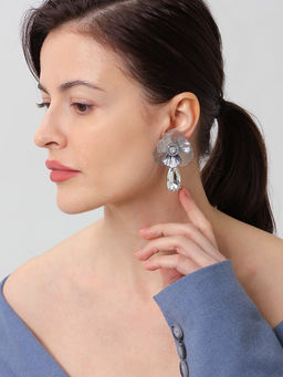 Серьги со стразами Цветок капелька, цвет серебро