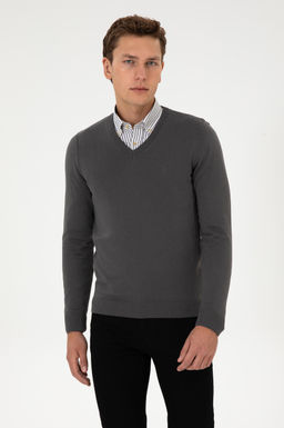 Erkek Slim Fit V Yaka Gri Basic Triko Kazak - U.s. polo assn фото 3