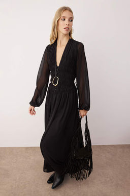 Siyah Buzgu Detayl? V Yakal? Maxi Astarl? Sifon Dokuma Elbise TWOAW26EL00318 - Trendyolmilla фото 2