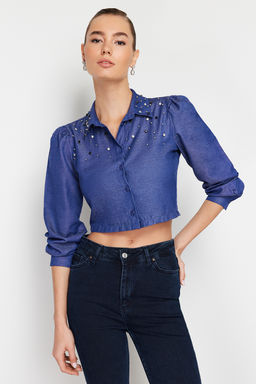 Indigo Denim Gorunumlu Tasl? Fitted Bele Oturan Dokuma Gomlek TWOSS24GO00067