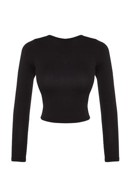 Trendyolmilla Saks Derin S?rt Dekolteli Fitted/Vucuda Oturan Pamuklu Esnek Orme Bluz TWOAW24BZ00173
