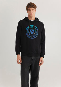 Muhur Logo Bask?l? Kapusonlu Siyah Sweatshirt - Mavi фото 2