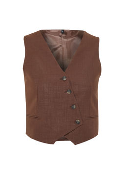 Limited Edition Kahverengi Crop Fitted Dokuma Keten Gorunumlu Yelek TWOSS23YE00016