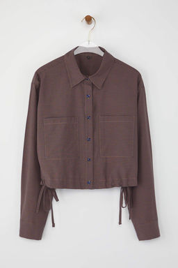 Teen Kahverengi Ekoseli Yanlardan Buzgulu Hafif Crop Gomlek TWOAW26GO00038