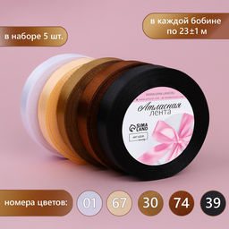 Набор атласных лент, 5 шт., 20 мм, 23±1 м, коричневый, белый
