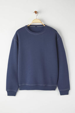 Soluk Indigo Oversize/Genis Kesim Kontrast Dikis Detayl? Bisiklet Yaka Sweatshirt TMNAW24SW00011