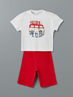 Bisiklet Yaka Bask?l? K?sa Kollu Erkek ?ocuk ?ortlu Pijama Tak?m?