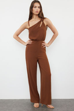 TRENDYOLMILLA Kahverengi Tek Omuz Maxi Dokuma Tulum TWOSS23TU00190