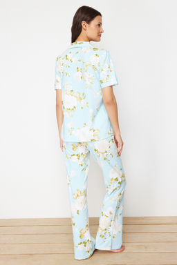 Trendyolmilla Mavi %100 Pamuklu Cicek Desenli Orme Pijama Tak?m? THMSS20PT0062  фото 6