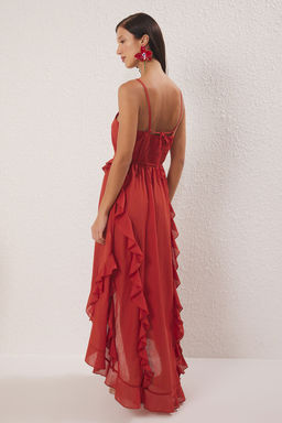 Trendyolmilla Kiremit Midi Dokuma Volanl? 100% Pamuk Plaj Elbise TBESS25EL00055  фото 4