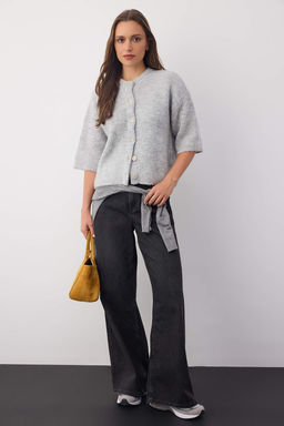 Wardrobe Essentials Gri Yumusak Dokulu Genis Kal?p K?sa Kol Basic Triko H?rka | TWOAW26HI00251