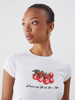 Bisiklet Yaka Bask?l? Kad?n Ti??rt