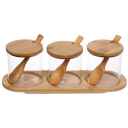 Банка стеклянная для специй 300мл "Хай-Тек" в наборе 3шт на бамбуковой подставке