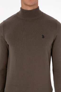 Erkek Slim Fit Bo_azl_ Vizon Basic Kazak