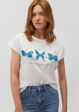 Kelebek Bask?l? Beyaz Tisort