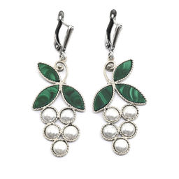 Серьги малахит с майоркой (искусственный жемчуг) "Виноград" 19*42мм.