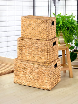 Набор 3 плетенных корзин, 45*30,5*27 см, 40,5*25*24 см, 35*21*23 см, с крышками, водный гиацинт