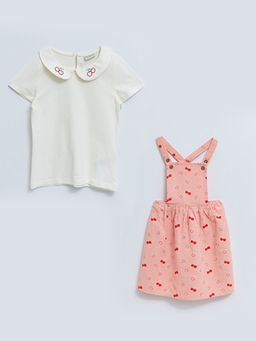 Bask?l? Pamuklu K?z ?ocuk Bluz ve Salopet Elbise