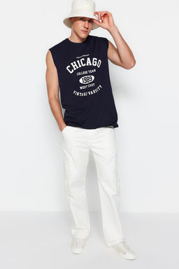 Lacivert Oversize/Genis Kesim Sehir Bask?l? %100 Pamuk Kolsuz T-Shirt/Atlet TMNSS23AL00008