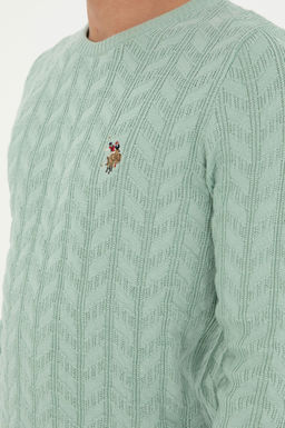 Erkek Slim Fit Bisiklet Yaka Su Ye_ili Basic Kazak