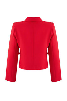K?rm?z? Fiyonk/Kurdele Detayl? Gomlek Yakal? Crop Dokuma Blazer Ceket TWOAW25BC00018