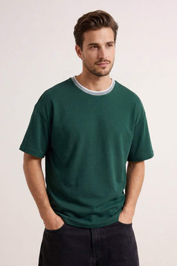 Haki Oversize/Genis Kesim Triko Bantl? Dokulu Pike T-Shirt TMNSS23TS00079