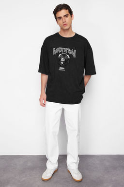 TRENDYOL MAN Siyah Oversize/Genis Kesim Eskitme/Soluk Efektli Rock Bask? %100 Pamuklu T-Shirt TMNSS23TS00167 - Trendyolmilla фото 3