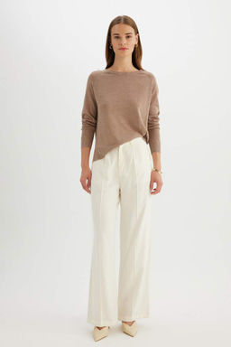 Женский однотонный вязаный свитер стандартного силуэта с круглым вырезом и рукавами реглан, серебристый - Defacto фото 2