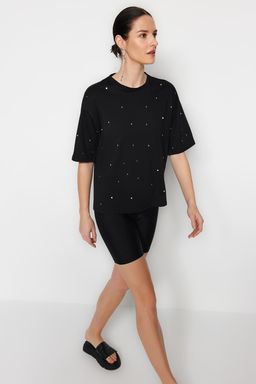 TRENDYOLMILLA Antrasit %100 Pamuk Tas Detayl? Relaxed/Genis Rahat Kesim Bisiklet Yaka Orme T-Shirt TWOSS23TS00153  фото 13