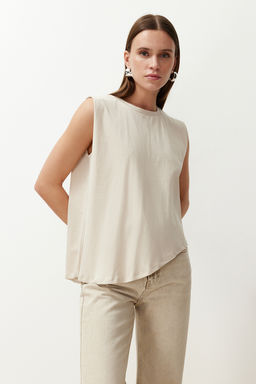 Tas More Sustainable %100 Pamuk Etek Ucu Asimetrik Bisiklet Yaka Orme T-Shirt TWOSS24TS00156