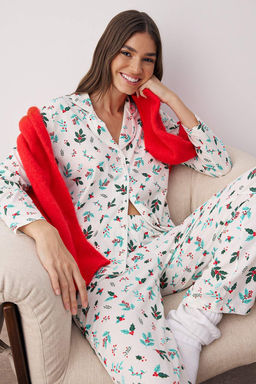 Ekru-Yesil %100 Pamuklu Cicekli Biyeli Orme Pijama Tak?m? THMAW26PT00058