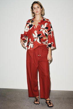 LINEN BLEND TROUSERS WITH BEADED DRAWSTRING