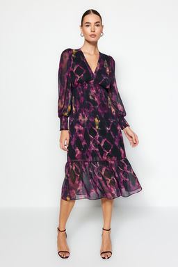 TRENDYOLMILLA Siyah Belden Ac?lan Astarl? Midi Sifon Dokuma Elbise TWOAW24EL00710  фото 7