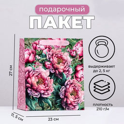 Пакет подарочный ламинированный вертикальный «Нежность пиона», 23×27×11.5 см